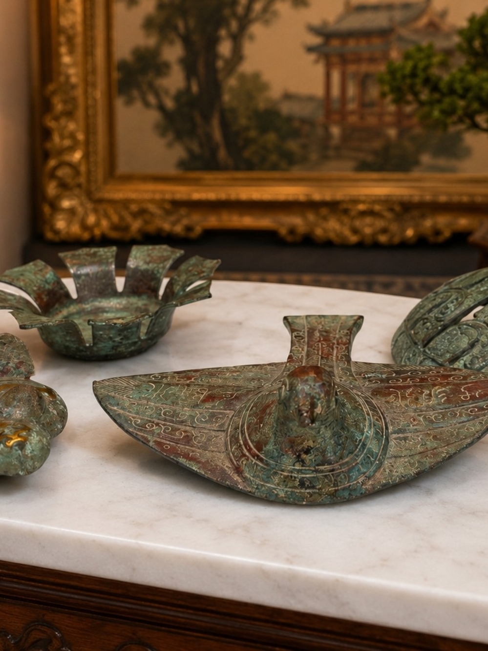 Set of 4 Chinese-Style Archaic Bronze Ritual Objects with Verdigri -  Home Art